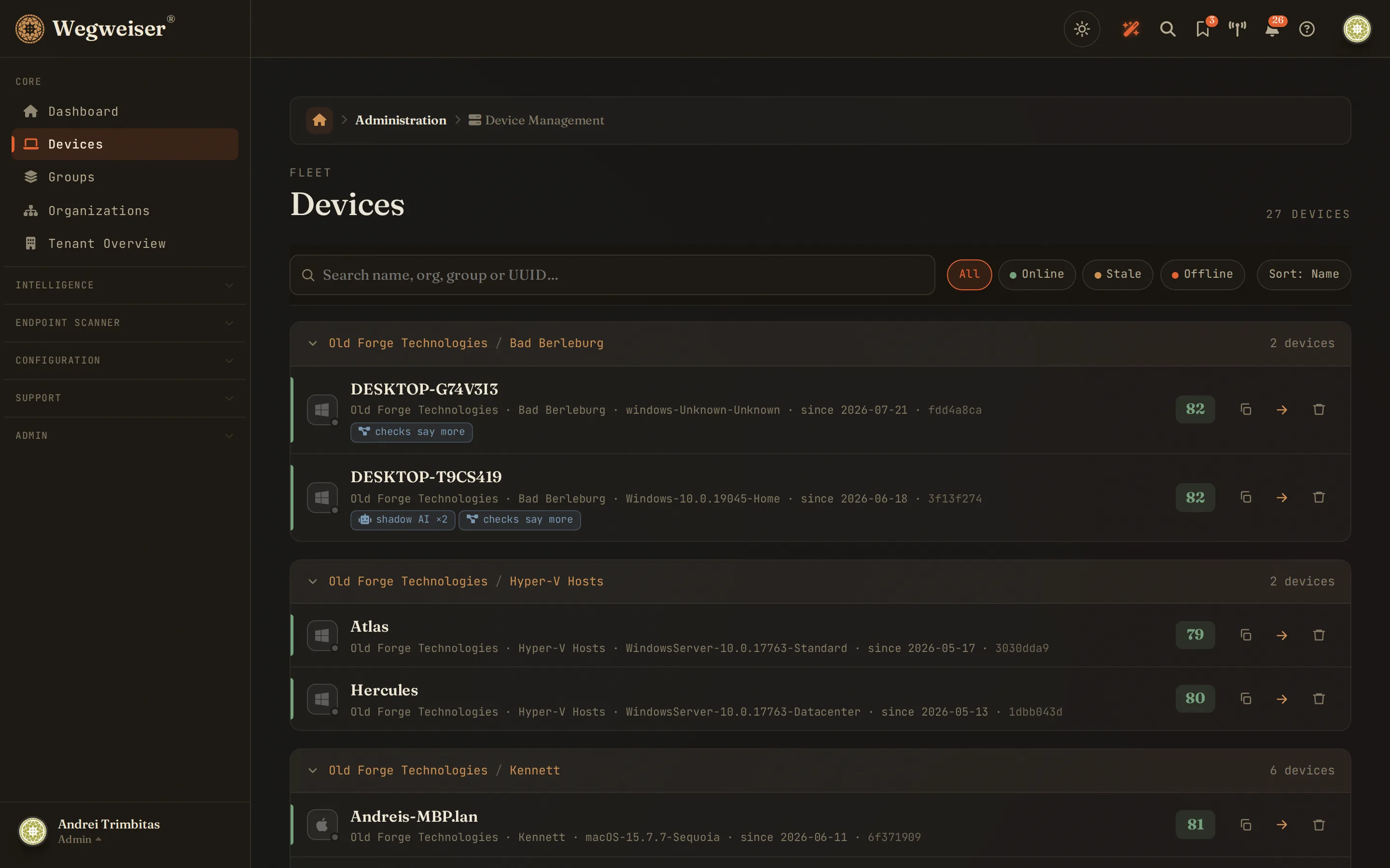 Fleet - every device grouped by client, scored at a glance, with unapproved AI tools tagged