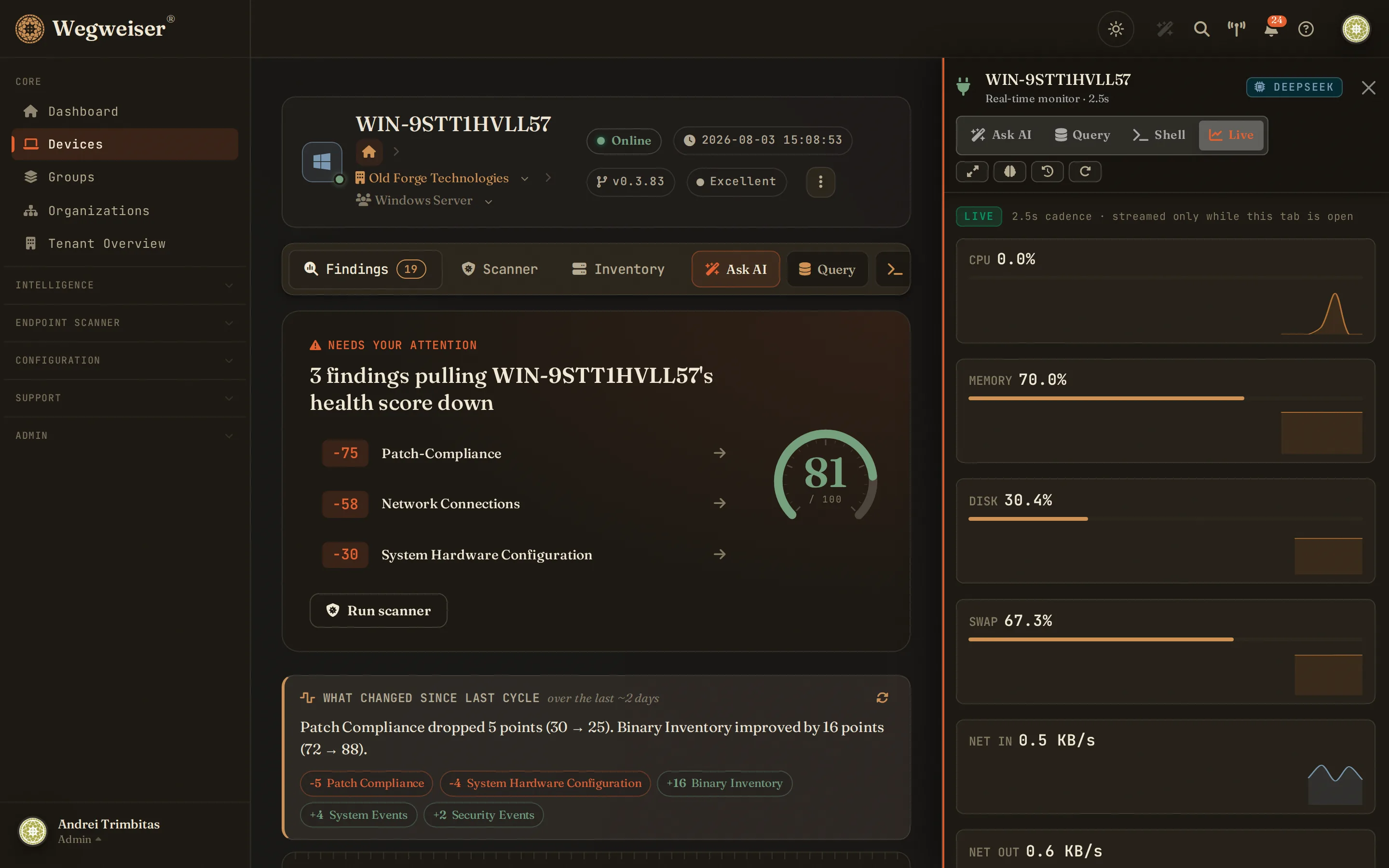 Live monitor - CPU, memory, disk and network streaming beside the page you were reading
