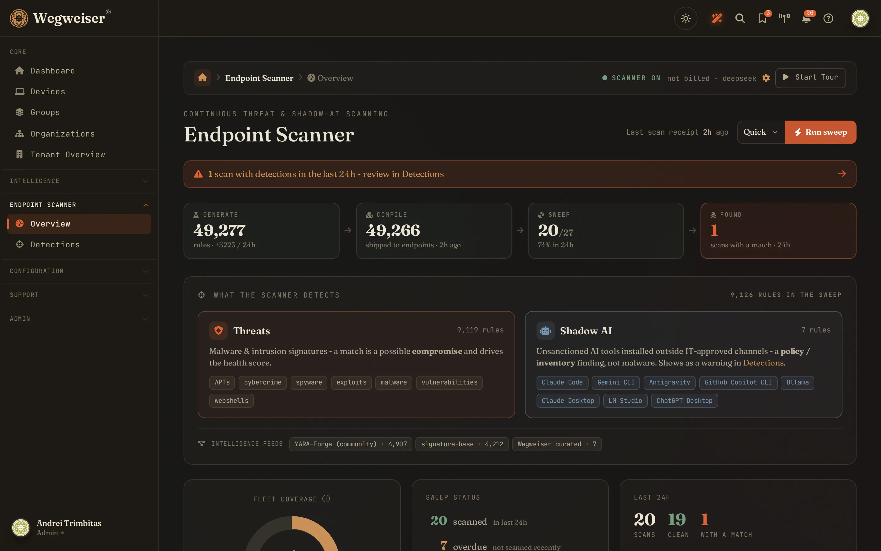 Endpoint Scanner - rules generated, compiled and swept every day, threat signatures alongside Shadow AI discovery