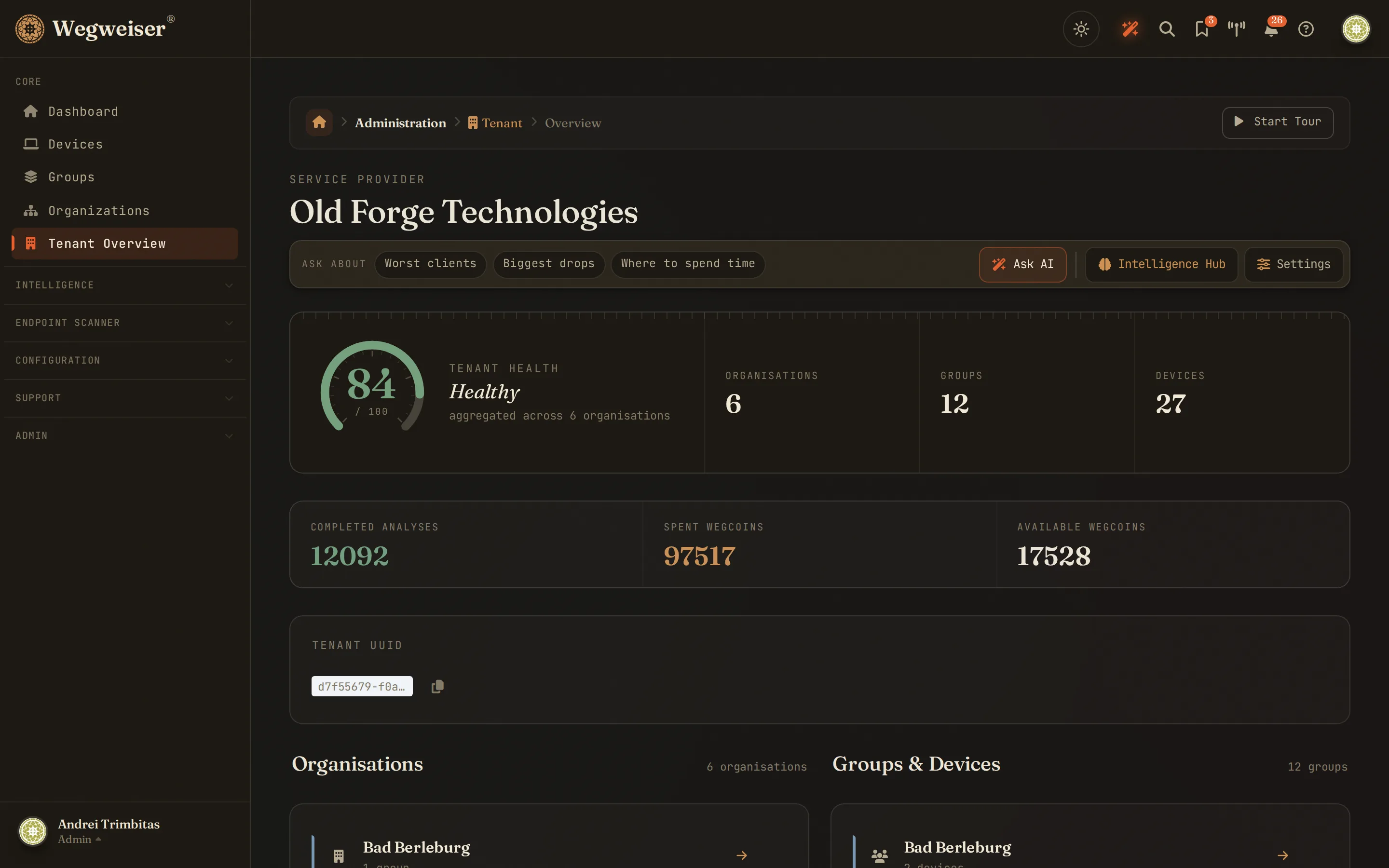 Tenant Overview - fleet health, analyses and Wegcoin balance