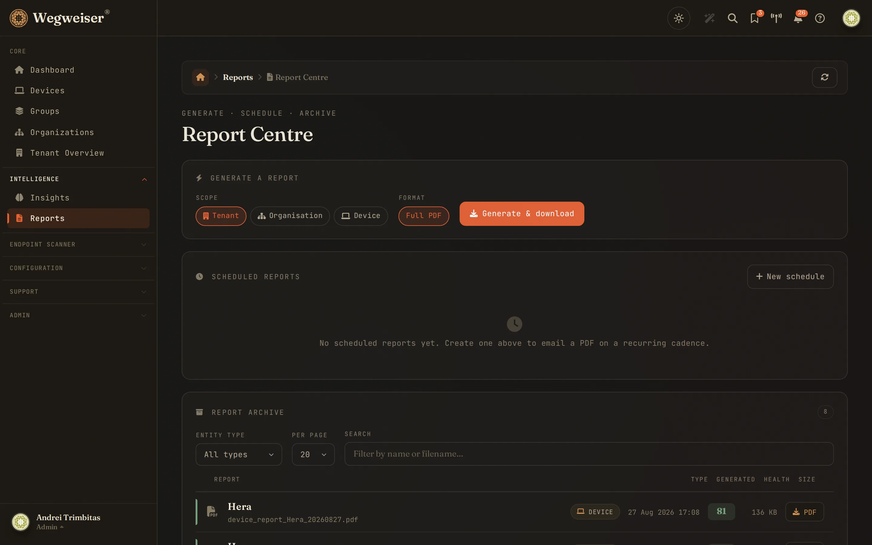 Report Centre - generate on demand or schedule recurring PDF and QBR delivery