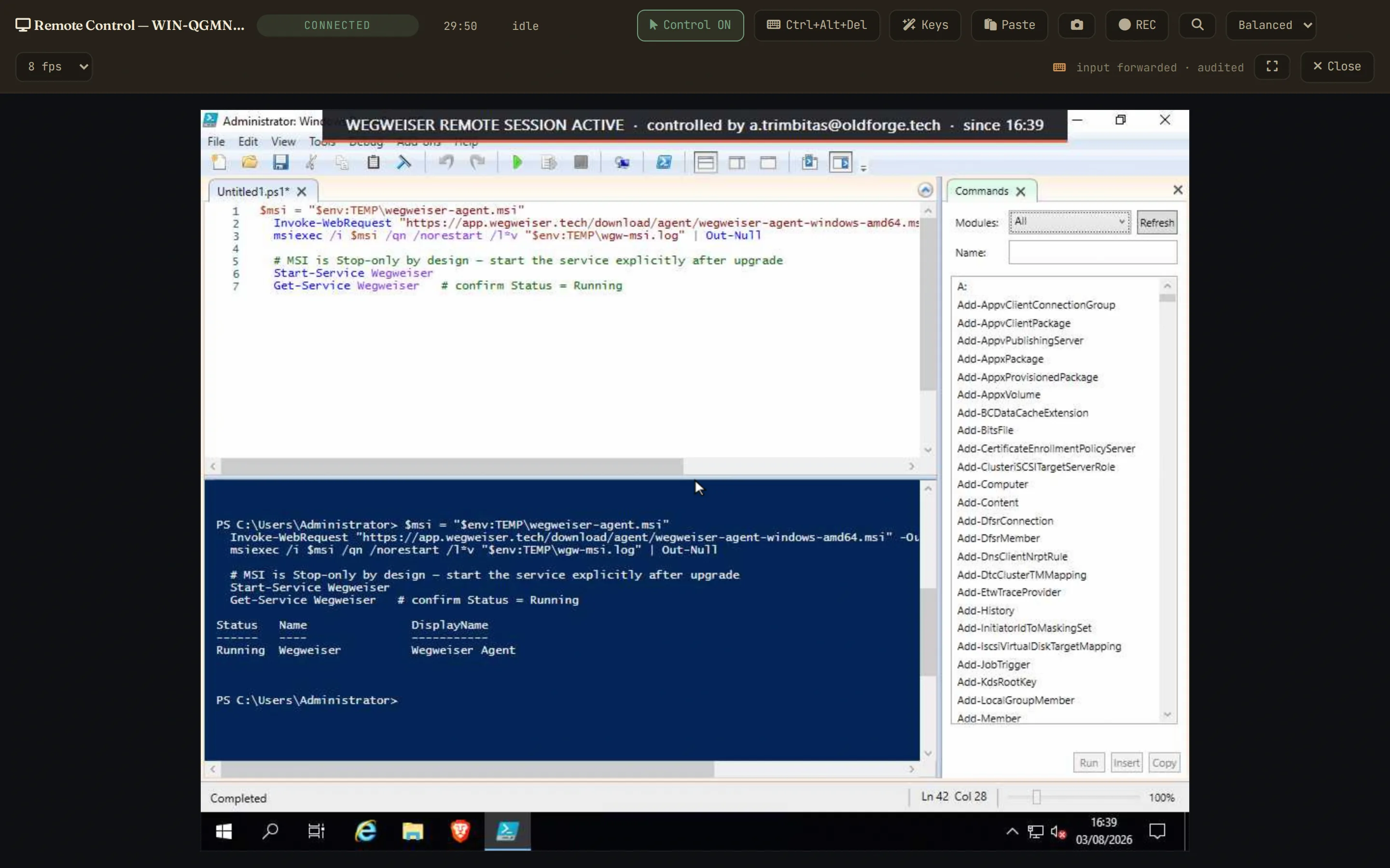 Remote Control - a Windows desktop live in the browser under a consent banner the user cannot close, with Ctrl+Alt+Del, clipboard paste and session recording in the bar