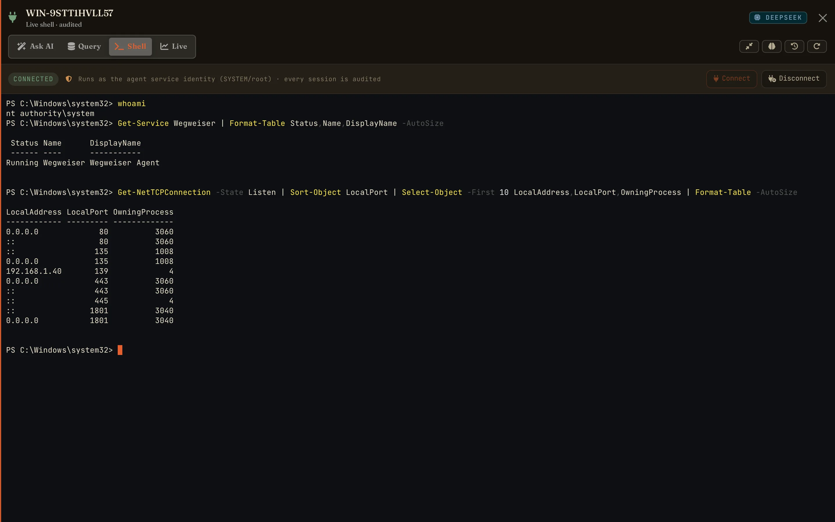 Live terminal - a real SYSTEM PowerShell session in the browser, scoped per-session credentials, every session audited