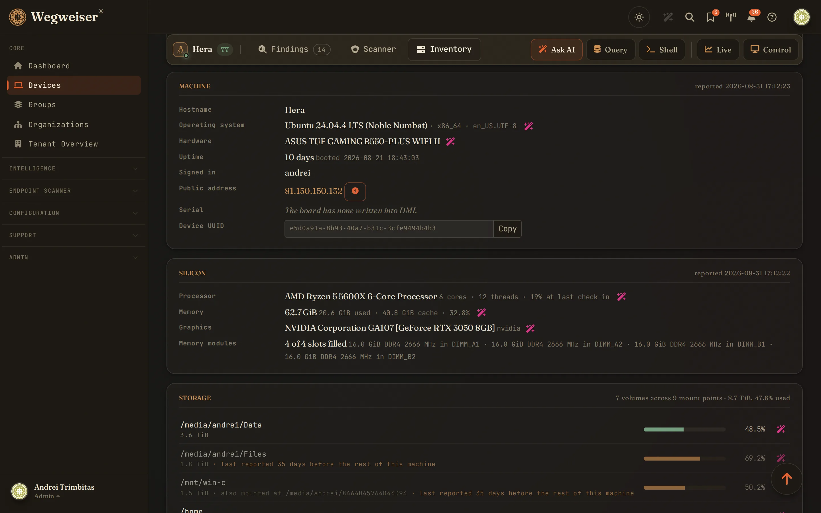 Inventory as a spec sheet - processor, memory, storage, graphics, firmware and network, with encryption stated honestly when the endpoint will not say